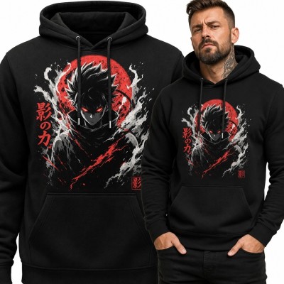 Bluza męska z kapturem z wojownikiem anime i napisem „影の力” - mroczny motyw japoński