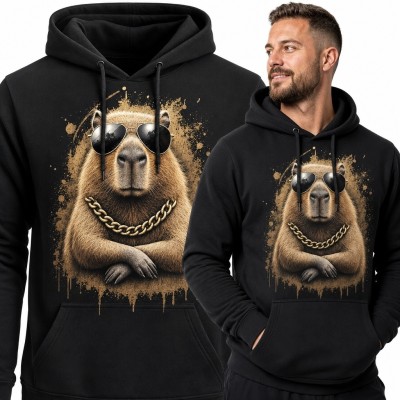 Bluza męska z kapturem z kapibarą w okularach i złotym łańcuchu