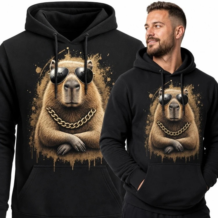 Bluza męska z kapturem z kapibarą w okularach i złotym łańcuchu