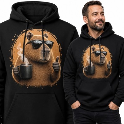 Bluza męska z kapturem z kapibarą w okularach i kubkiem kawy