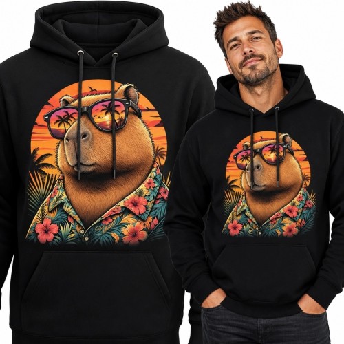 Bluza męska z kapturem - kapibara w hawajskiej koszuli i tropikalny zachód słońca