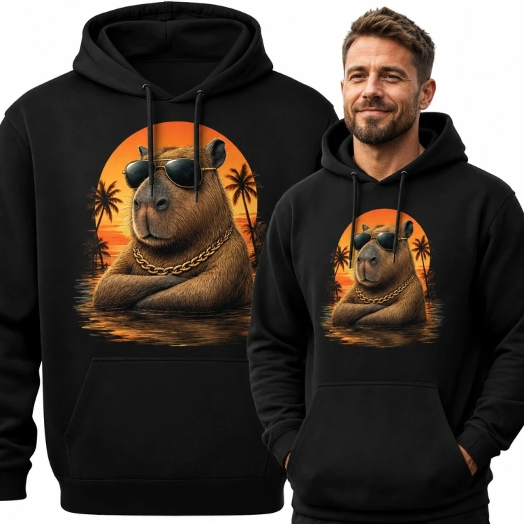 Bluza męska z kapturem z kapibarą - tropikalny zachód słońca