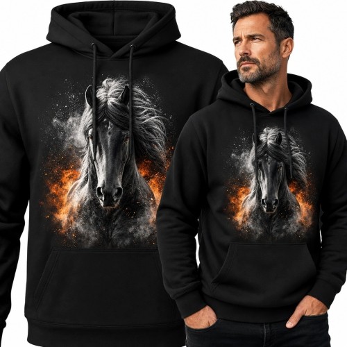 Bluza męska z kapturem z czarnym koniem wśród ognia i dymu
