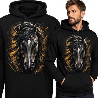Bluza męska z kapturem z portretem czarnego konia - czarno-złoty motyw