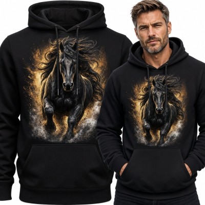 Bluza męska z kapturem z czarnym koniem w galopie - realistyczny motyw wolności