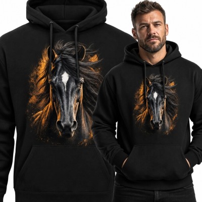 Bluza męska z kapturem - realistyczny czarny koń w ognistej oprawie