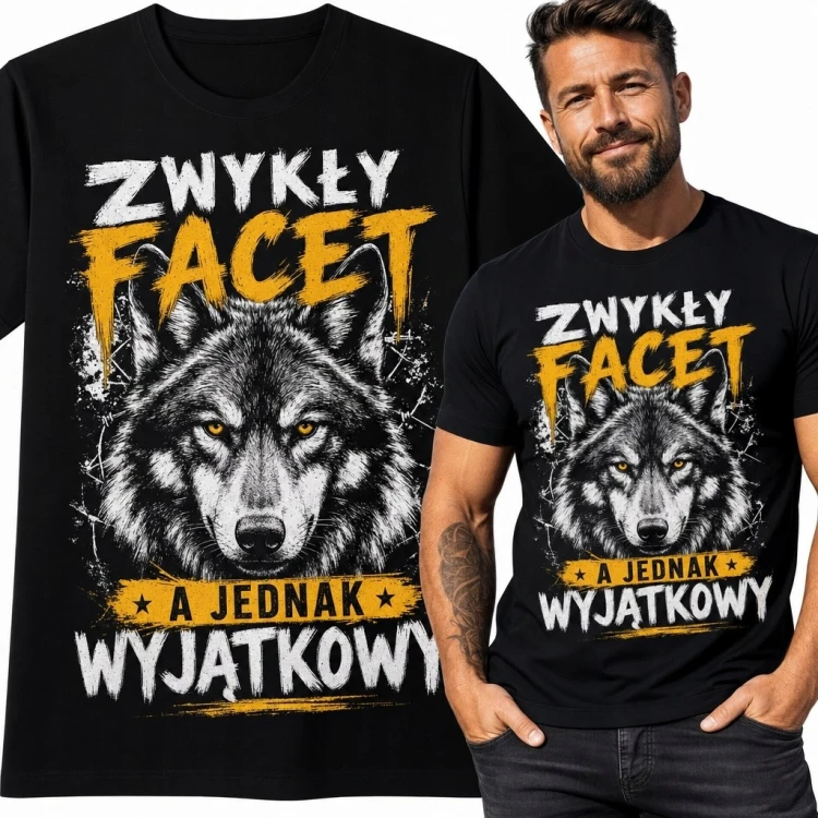 Koszulka męska z wilkiem „Zwykły facet - a jednak wyjątkowy”