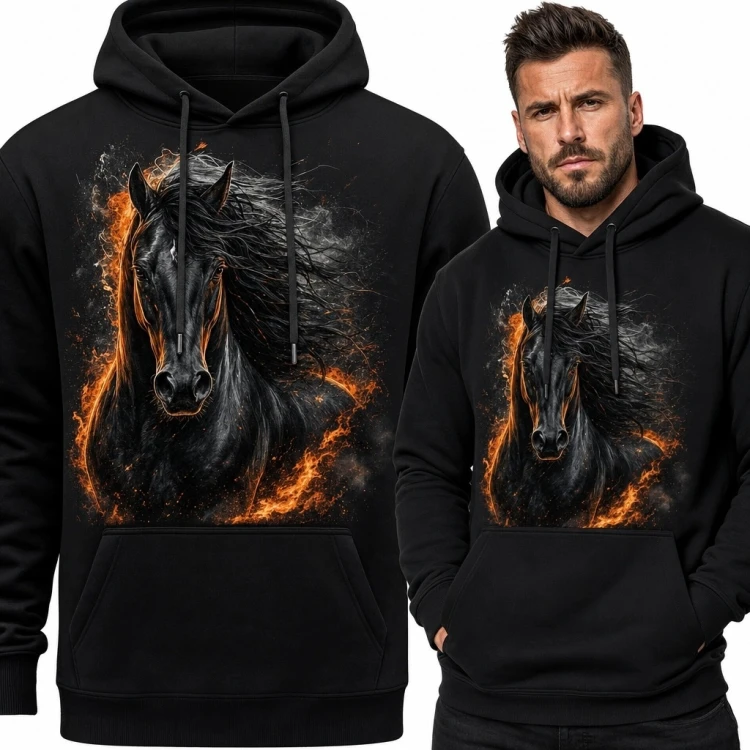 Bluza męska z kapturem z nadrukiem czarnego konia w ogniu - mroczny motyw