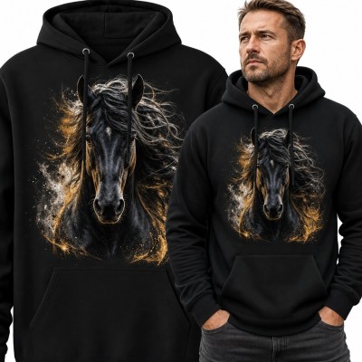 Bluza męska z kapturem z portretem czarnego konia - motyw jeździecki