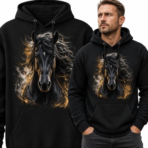 Bluza męska z kapturem z portretem czarnego konia - motyw jeździecki