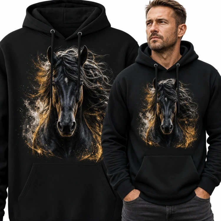 Bluza męska z kapturem z portretem czarnego konia - motyw jeździecki