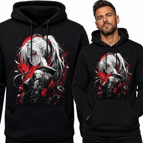 Bluza męska z kapturem z białowłosą wojowniczką anime - mroczny japoński motyw