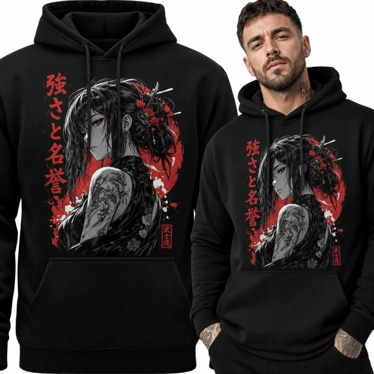 Bluza męska z kapturem z tatuowaną kobietą anime - japoński motyw