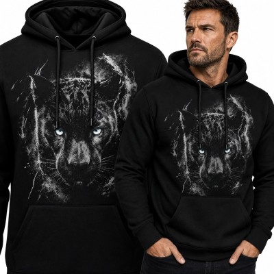 Bluza męska z kapturem - czarna pantera o jasnych oczach