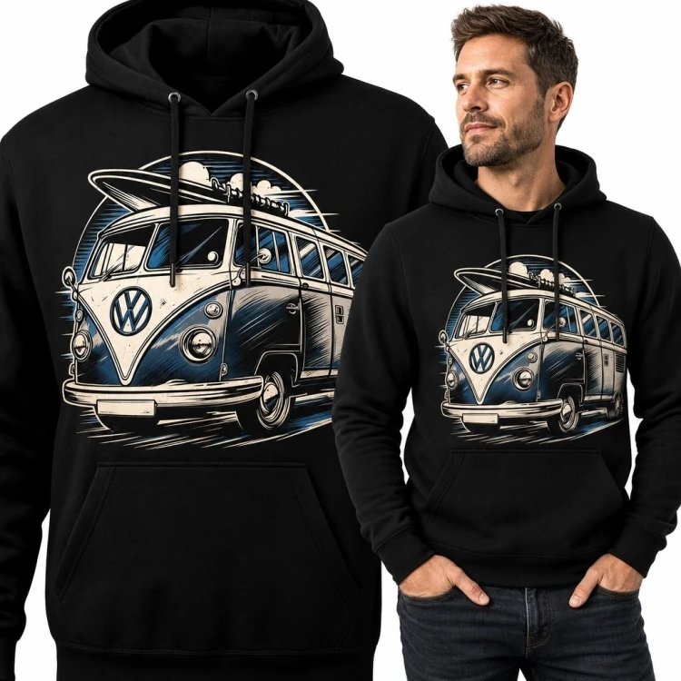 Bluza męska z kapturem z klasycznym vanem i deskami surfingowymi - retro motyw podróżniczy