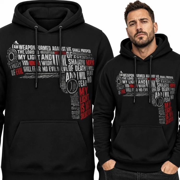 Bluza męska z kapturem z typograficznym karabinem „My light is my salvation” - religijny nadruk