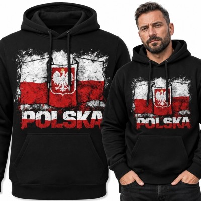 Bluza męska z kapturem z flagą Polski, Orłem Białym i napisem „Polska” - patriotyczny motyw