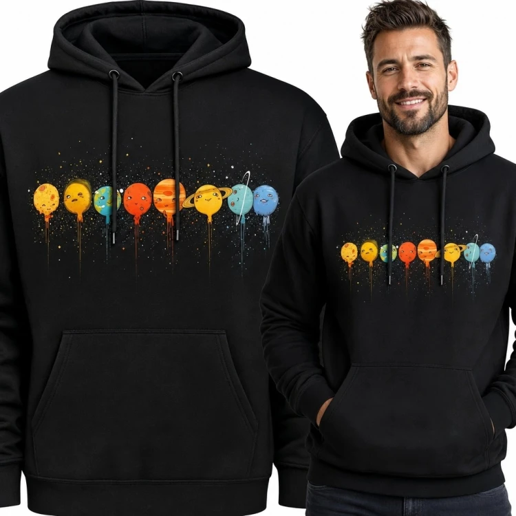 Bluza męska z kapturem - kolorowy Układ Słoneczny z zabawnymi planetami