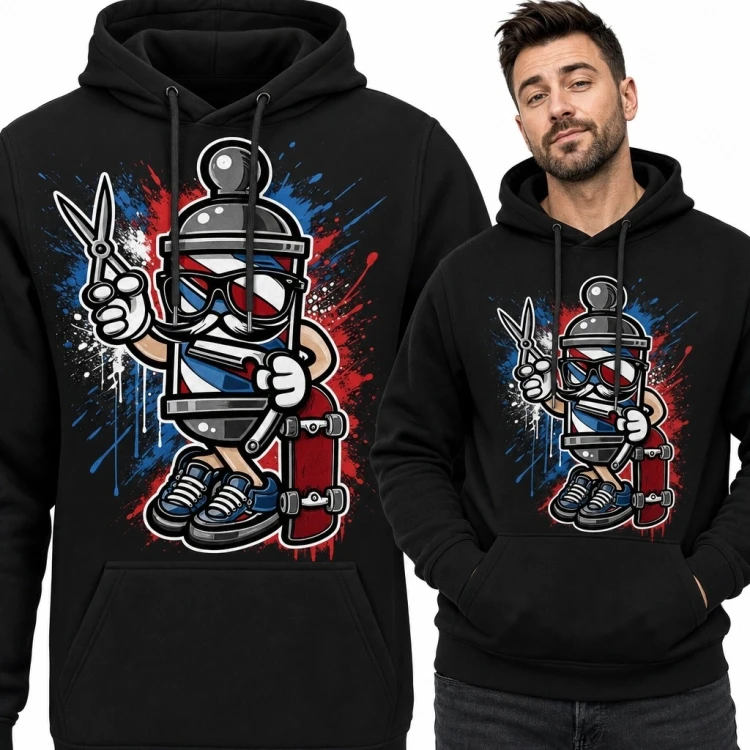 Bluza męska z kapturem z komiksowym robotem-barberem - streetwearowy motyw fryzjerski
