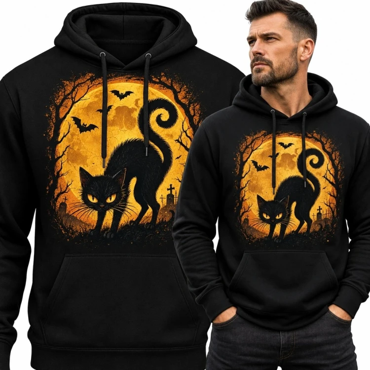 Bluza męska z kapturem - czarny kot na tle pomarańczowego księżyca