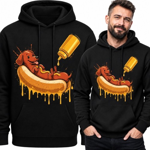 Bluza męska z kapturem z jamnikiem w bułce do hot doga - zabawny motyw z musztardą