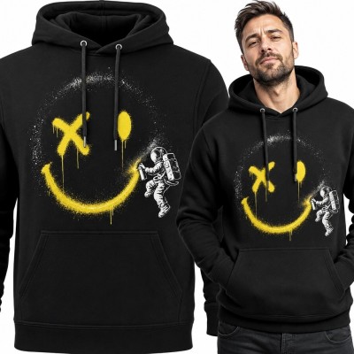 Bluza męska z kapturem - żółty smiley w stylu graffiti i astronauta