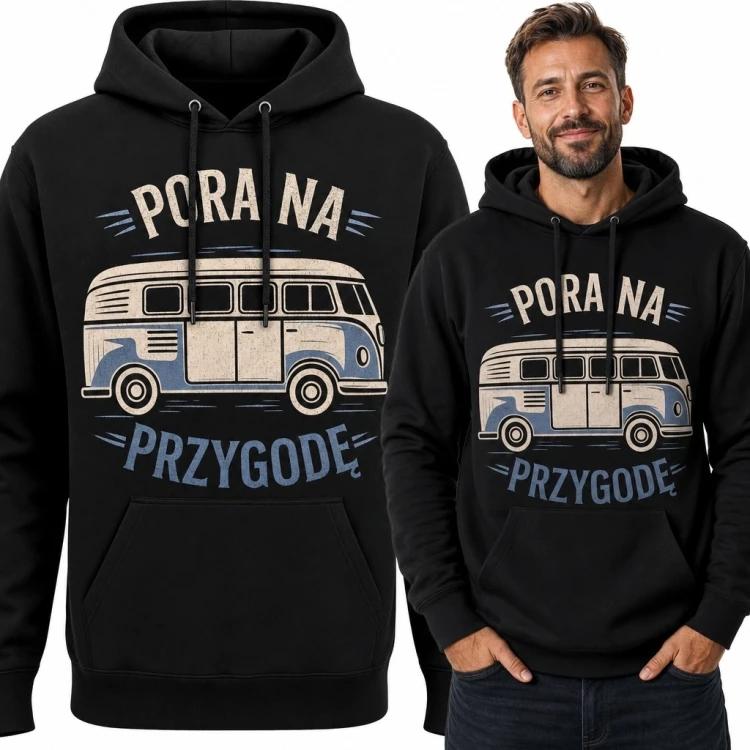 Bluza męska z kapturem - retro bus kempingowy „Pora na przygodę”