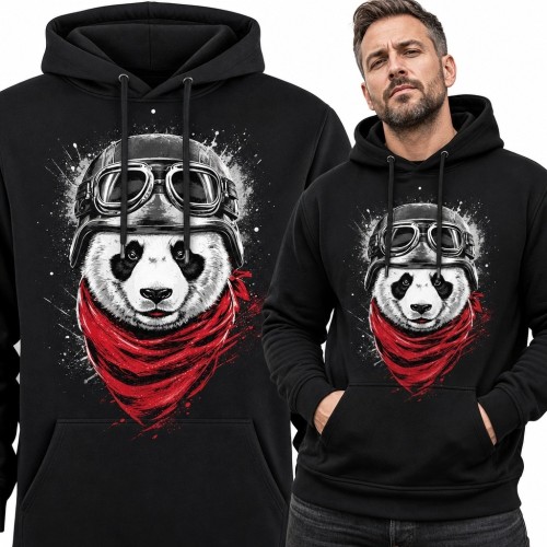 Bluza męska z kapturem z pandą w hełmie pilota - czerwona chusta