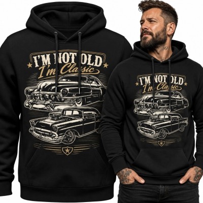 Bluza męska z kapturem z klasycznymi autami „I'm Not Old / I'm Classic” - motoryzacyjne retro