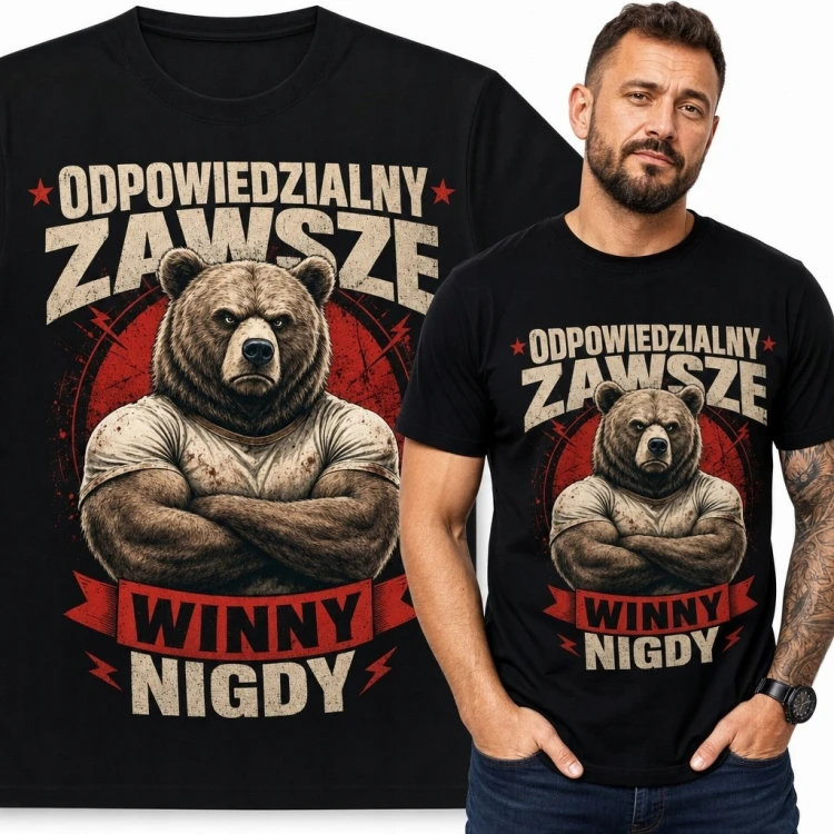 Koszulka męska z muskularnym niedźwiedziem „Odpowiedzialny zawsze - winny nigdy”