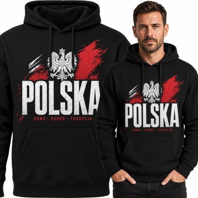 Bluza męska z kapturem „POLSKA” - orzeł, biało-czerwone smugi i hasło „DUMA · HONOR · TRADYCJA”
