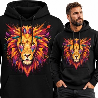 Bluza męska z kapturem - kolorowy lew low poly