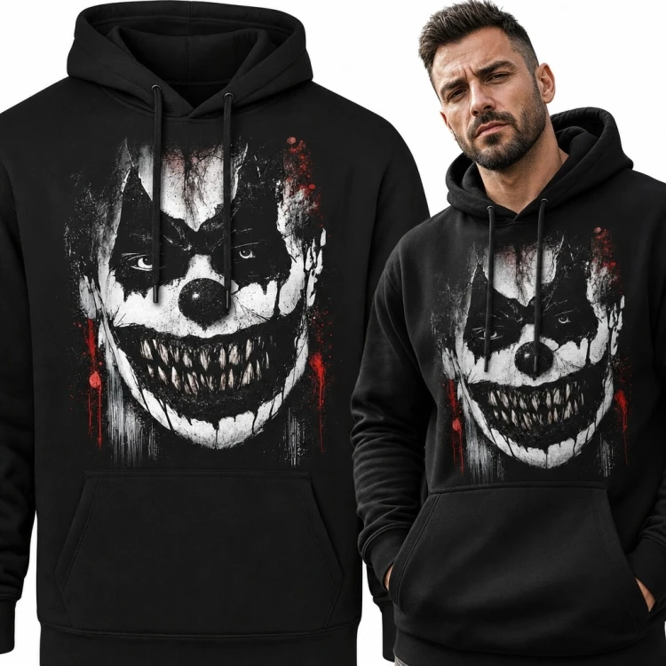 Bluza męska z kapturem z demonicznym klaunem - motyw horroru