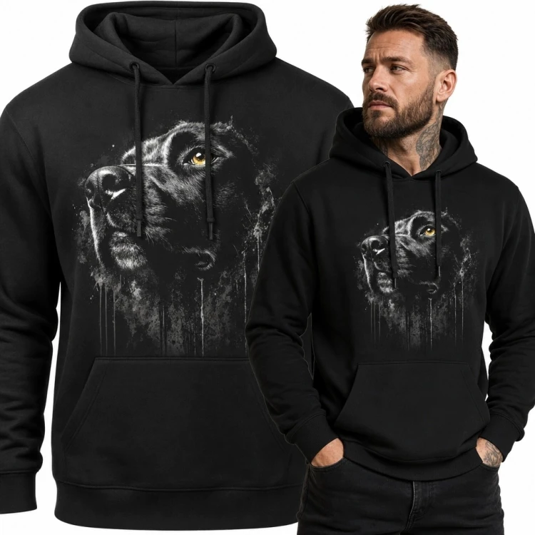 Bluza męska z kapturem - czarny pies z bursztynowym okiem