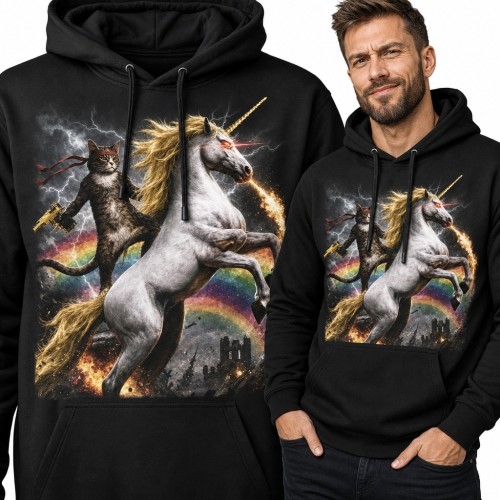 Bluza męska z kapturem - kot z bronią na białym jednorożcu