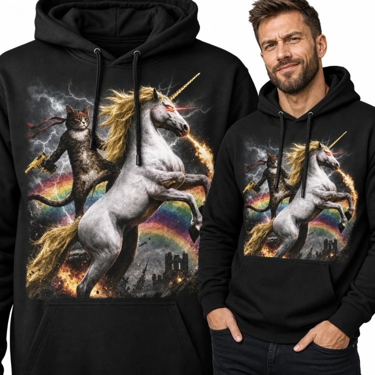 Bluza męska z kapturem - kot z bronią na białym jednorożcu