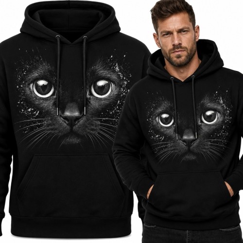 Bluza męska z kapturem z hipnotyzującym portretem czarnego kota