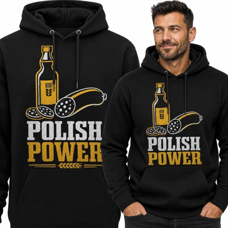 Bluza męska z kapturem z motywem piwa i kiełbasy „Polish Power”