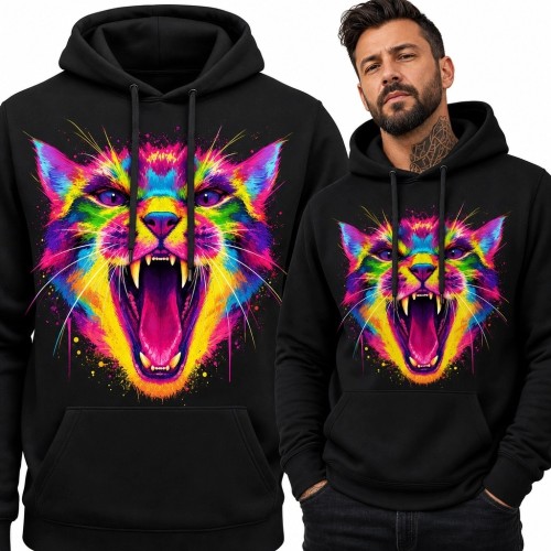 Bluza męska z kapturem - neonowy ryczący drapieżny kot