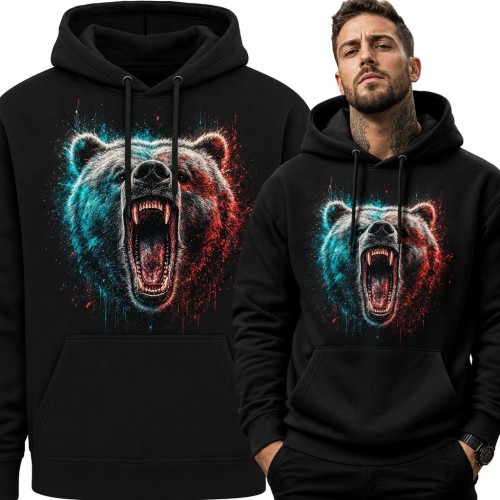 Bluza męska z kapturem - ryczący niedźwiedź w neonowym rozbryzgu
