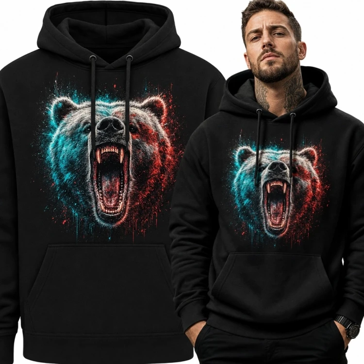 Bluza męska z kapturem - ryczący niedźwiedź w neonowym rozbryzgu
