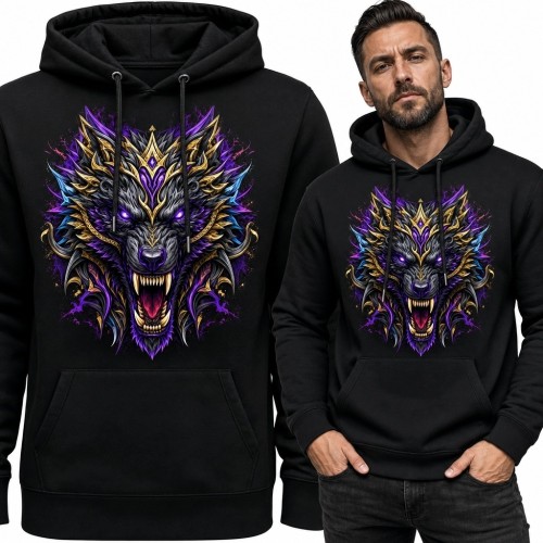 Bluza męska z kapturem - warczący wilk w fantastycznej zbroi