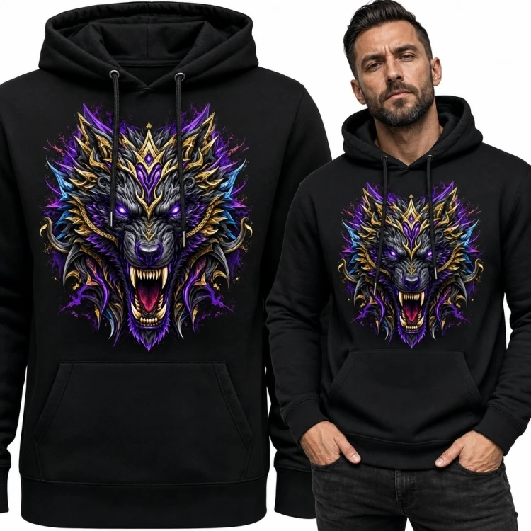 Bluza męska z kapturem - warczący wilk w fantastycznej zbroi