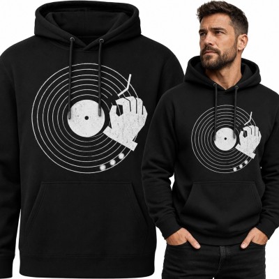 Bluza męska z kapturem z gramofonem i płytą winylową - retro