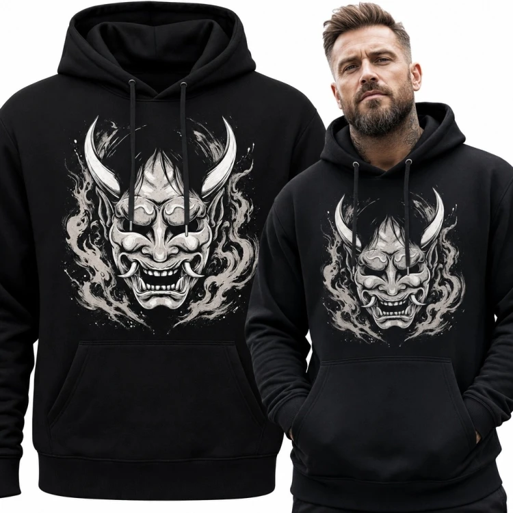Bluza męska z kapturem - maska japońskiego demona oni
