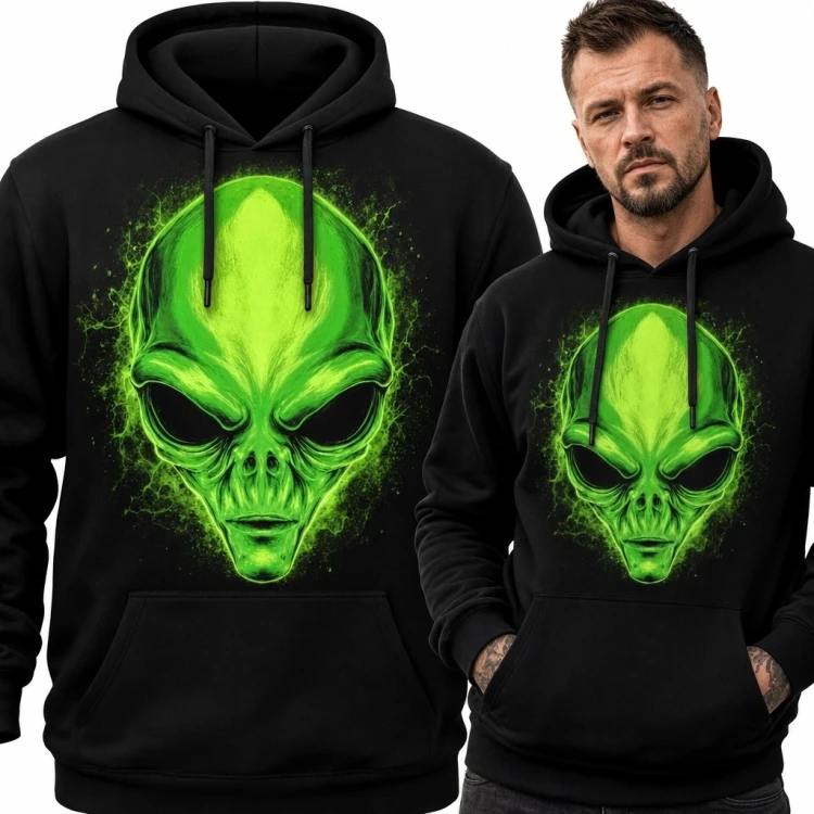 Bluza męska z kapturem i neonowozielonym kosmitą - mroczne science fiction