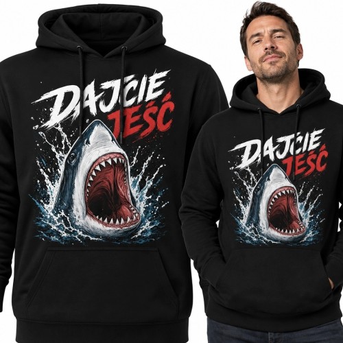 Bluza męska z kapturem „Dajcie jeść” - rekin w rozbryzgach wody
