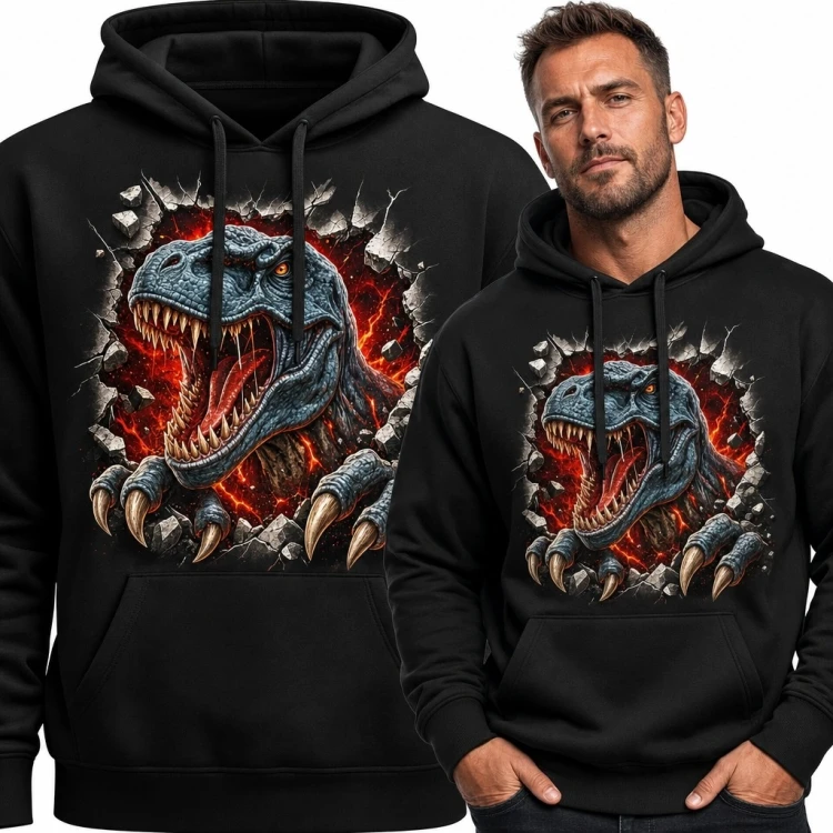 Bluza męska z kapturem - ryczący dinozaur z efektem 3D