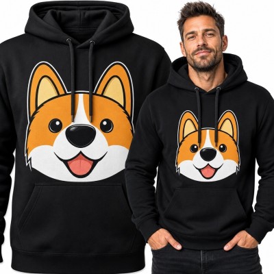 Bluza męska z kapturem z dużym pyszczkiem corgi - wesoły motyw psa