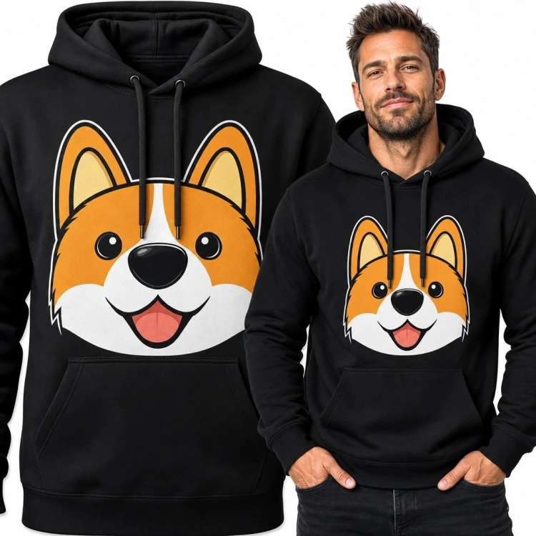 Bluza męska z kapturem z dużym pyszczkiem corgi - wesoły motyw psa